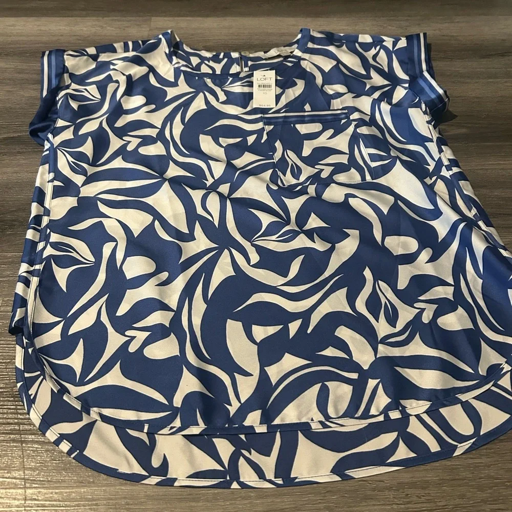 LOFT Navy and White Abstract Blouse